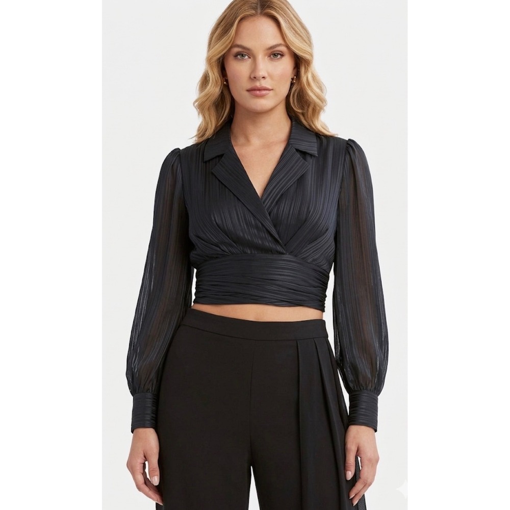 BCBGMAXAZRIA‎ Black Shadow Stripe Cropped Wrap Tie Back Blouse Top NWT Size L